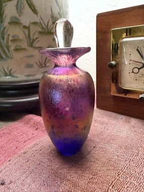 Robert Held. Iridescent Art Glass Bottle with Stopper. Purple-Blue-Rose-Gold